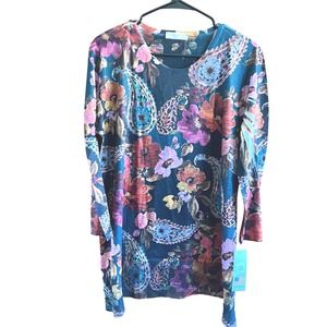 Jess & Jane Large Valencia Tunic  Top Floral Paisley  Long Sleeve Made in USA